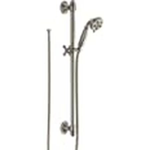 lot 2398 image: Delta Faucet 3-Spray H2Okinetic Slide Bar Hand Held Shower with Hose, Polished Nickel 51308-PN