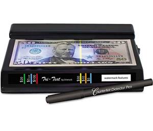 lot 75301 image: Dri Mark Tri Test - Counterfeit Bill Detector Machine wAC Adapter - 3 Tests in 1 - Paper, Security Strip and Watermark Tests, Accurate Money Tester Machine with Counterfeit Detection Pen
