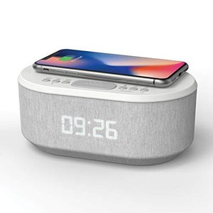 lot 75714 image: Bedside Radio Alarm Clock with USB Charger, Bluetooth Speaker, QI Wireless Charging, Dual Alarm Dimmable LED Display (White)