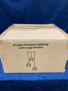 lot 75768 image: 3 LIGHT PENDANT LIGHTING WITH CAGE SHADES