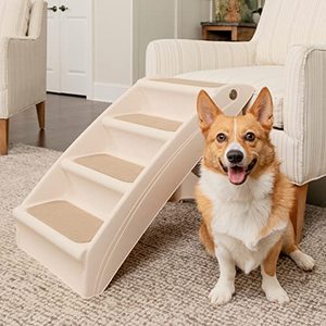 lot 26850 image: PetSafe CozyUp Folding Dog Stairs - Pet Stairs for IndoorOutdoor at Home or Travel - Dog Steps for High Beds - Pet Steps with Siderails, Non-Slip Pads - Durable, Support up to 150 lbs - Large, Tan