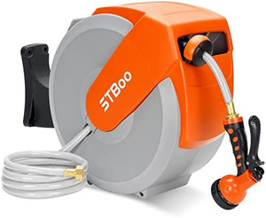 lot 26851 image: Retractable Hose Reel Wall Mount with 12 82ft Auto Rewind Water Hose, 9 Patterns Hose Nozzle, 180°Swivel Bracket, Slow Return System, Any Length Lock, Outdoor Garden Hose Reel for Car Wash, Pet Shower