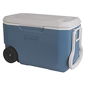 lot 26864 image: Coleman Rolling Cooler 62 Quart Xtreme 5 Day Cooler with Wheels Wheeled Hard Cooler Keeps Ice Up to 5 Days, Blue (B019N9WQAK)