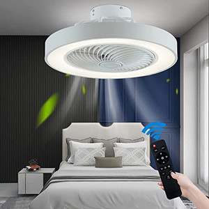 lot 26878 image: Ceiling Fan with Light Flush Mount, Modern Enclosed Bladeless Ceiling Fan with Remote Control,20LED Dimmable Lighting Indoor Low Profile Ceiling Fan Light fixture for Bedroom kitchen office Kids Room   (Stock photo is different from actual product)