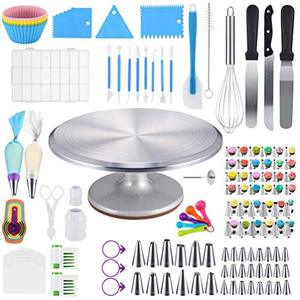 lot 26892 image: Cake Decorating Supplies Kit 120 PCS Baking Tools with Turntable stand - Frosting Piping Tips Icing Spatula Scraper Smoother Flower Nails Cutter Pastry Bags Spoons