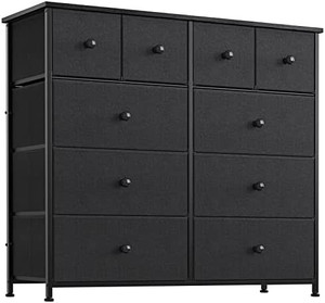 lot 26905 image: Drawer Dresser for Bedroom Fabric Storage Tower Wide Black Dresser with Wood Top Sturdy Steel Frame Storage Organizer Unit for Living Room Hallway Entryway Closets Nursery, Black Grey