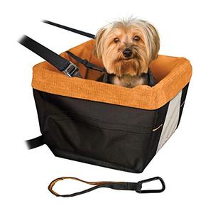 lot 28300 image: Kurgo Dog Booster Seats for Cars - Pet Car Seats for Small Dogs and Puppies Weighing Under 30 lbs - Headrest Mounted - Dog Car Seat Belt Tether Included - Skybox Style, Black and Orange