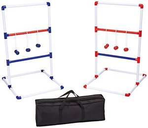 lot 28374 image: Amazon Basics Ladder Toss Outdoor Lawn Game Set with Soft Carrying Case, Red and Blue  (22 x 26 x 38)