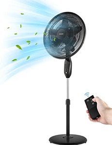 lot 28376 image: PELONIS PFS45A5BBB 18 inch 5-Blade Oscillating, Adjustable Standing Pedestal Remote, LED Display, 5 Speed Setting and 7-Hour Timer Fan, Black