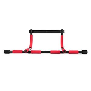 lot 29256 image: Mind Reader Pull-Up Bar for Door Frame, Doorway Pull-Up Bar, No Screws, No Hardware, Foam Handles, Push Up Stand, Chin-Up Bar, Supports up to 250 lbs., Red