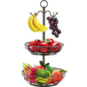 lot 29264 image: Fruit Basket for Kitchen, Cinkeda 2 Tier Fruit Basket Bowl with Banana Hanger, Detachable Fruit Holder Stand, Fruit Rack for Countertop Organizer, Black