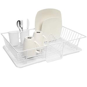 lot 29306 image: Sweet Home Collection 3 Piece Dish Drainer Rack Set with Drying Board and Utensil Holder, White  (12 x 19 x 5)