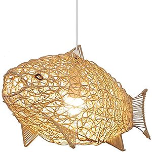 lot 53471 image: SkyTalent Fish-Shaped Lantern Pendant Lighting Rattan Light, 24inch Weaving Natural Wicker Ceiling Hanging Light Woven Chandelier with Adjustable Cord for Dining Room Living Room Restaurant