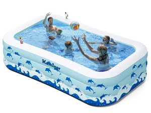 lot 53519 image: Inflatable Swimming Pool with Seats, Size 130 L x 72 W x 22 H Kiddie Pool for Kids and Adults, Family Blow Up Pool for Backyard, Garden, Lawn, Garage