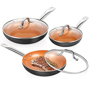 lot 53533 image: SHINEURI 6 Pieces Nonstick Copper Pans with Lid Copper Frying Pans Copper Nonstick Frying Pans Copper Pans with Lid Copper Skillets with Lid Ceramic Fry Pan Copper Pans for Cooking - 8  9.5 11 inch
