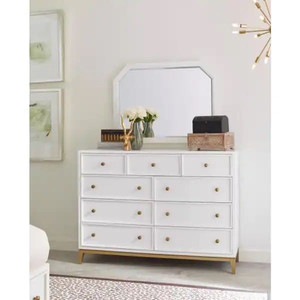 lot 1 image: Rachael Ray Chelsea 9-Drawer White Bureau with Gold Accents 44 in. H x 18 in. L x 60 in. W Retail $1,172.76