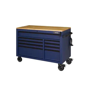 lot 2 image: Husky 52 in. W x 25 in. D Heavy Duty 9-Drawer Mobile Workbench Tool Chest with Adjustable-Height Solid Wood Top in Matte Blue, Matte Blue with Black Finishes Retail $862.11