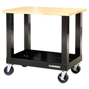 lot 23334 image: Husky 3 ft. Portable Solid Wood Top Workbench with Casters in Black -Retail $299.99