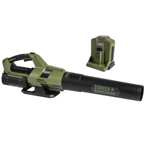 lot 23339 image: Green Machine 62V Cordless Axial Blower Variable Speed Brushless Motor, 123 MPH Max air speed, 655 CFM, 4 Ah Battery &amp Rapid Charger -Retail $262.00