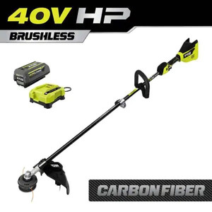lot 23340 image: RYOBI 40V HP Brushless Cordless Carbon Fiber String Trimmer Kit with 4.0 Ah Battery and Charger -Retail $249.00