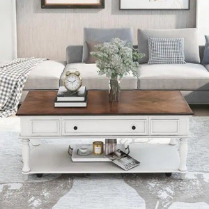 lot 23357 image: Jovani 47.2 in. Antique White Rectangle Composite Wood Coffee Table with Casters Retail $307.63