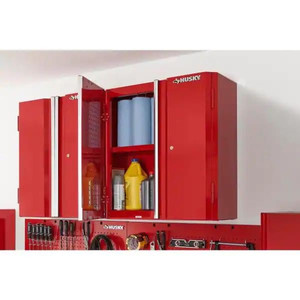 lot 23382 image: Husky Ready-to-Assemble 24-Gauge Steel Wall Mounted Garage Cabinet in Red (28 in. W x 29 in. H x 12 in. D) Retail $199.99