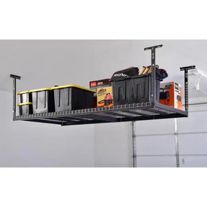 lot 23398 image: Adjustable Height Overhead Ceiling Mount Garage Rack in Black (42 in. H x 96 in. W x 32 in. D) Retail $249.99