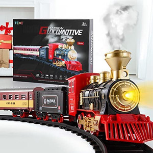 lot 26939 image: TEMI Train Set with Steam Locomotive Engine, Cargo Car and Long Track for Toddlers 3-5, Rechargeable Battery Operated Play Train Toys with Smoke, Light & Sounds, Gift for Kids, Boys & Girls 4-7 Years