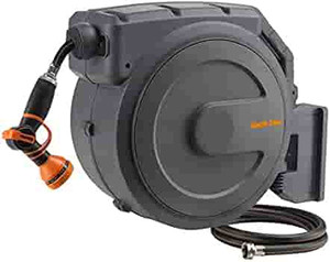 lot 26959 image: Giraffe Tools Retractable Garden Hose Reel 12 Inch x 130 ft, Super Heavy Duty, Any Length Lock, Slow Return System, Wall Mounted and 180 Deg Swivel Bracket