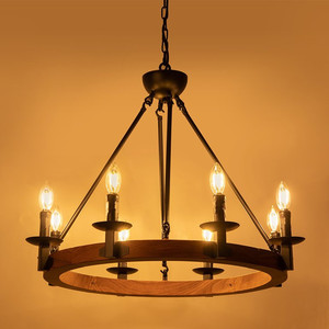 lot 26966 image: Wellmet 8 Lights Farmhouse Iron Chandeliers for Dining Rooms 28 Inch, Wagon Wheel Chandelier Candle Style, Rustic Hanging Ceiling Light Fixture Bedroom Living Room Foyer Hallway, Faux Wood Finish   (Retails $189.99)