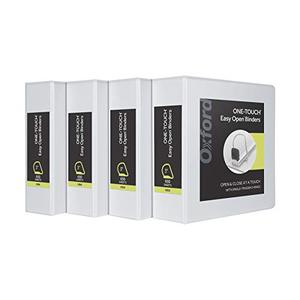 lot 28397 image: Oxford 3 Ring Binders, 3 Inch ONE-Touch Easy Open D Rings, View Binder Covers on 3 Sides, Durable Hinge, Non-Stick, PVC-Free, White, 4 Pack (79915)