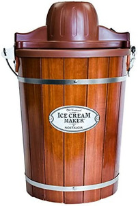 lot 28400 image: Nostalgia Old Fashioned Electric Maker with Easy-Carry Handle, Makes 6-Quarts of Ice Cream, Frozen Yogurt or Gelato in Minutes, Made from Real Wood, Brown