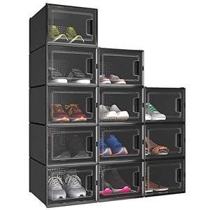 lot 28423 image: YITAHOME Shoe Box, Set of 12 Medium Size Shoe Storage Lightweight Plastic Organizers Stackable Shoe Storage Box Rack Drawers, Black