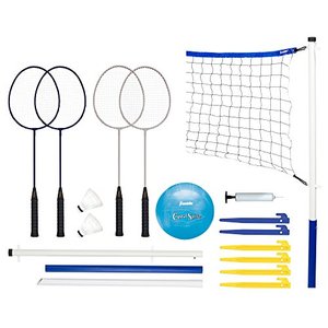 lot 28451 image: Franklin Sports Volleyball and Badminton Set - Volleyball, Pump, Badminton Rackets, Birdies, Net, and Adjustable Polls - Beach or Backyard Combo Set Games