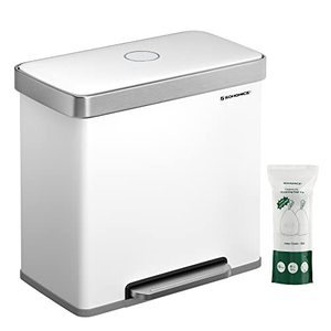 lot 28458 image: SONGMICS Kitchen Trash Can, 16 Gal. (2 x 8 Gal.) Dual Compartment Garbage Can, 60L Pedal Recycling Bin, Stay-Open Lid and Soft Closure, Inner Buckets, Stainless Steel, 15 Trash Bags Included, White