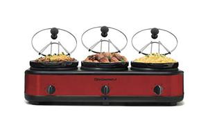 lot 28801 image: Elite Platinum EWMST Adjustable Temp Dishwasher-Safe Oval Ceramic Pots, Lid Rests, 3 x 2.5Qt Capacity, Red