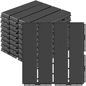 lot 28804 image: Goovilla Plastic Interlocking Deck Tiles, 9 Pack Patio Deck Tiles, 12x12 Waterproof Outdoor Flooring All Weather Use, Patio Floor Decking Tiles for Porch Poolside Balcony Backyard, Dark Grey