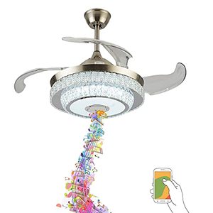 lot 28823 image: VEYES 42inches Modern Crystal Ceiling Fan Light Luxury Chandelier Fandelier with Remote Control Dining Lamp 3 Speeds Dimmable Color Retractable Blades for Living Dining Room, Silver (DS-FR19)
