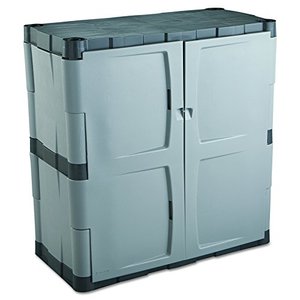 lot 28831 image: Rubbermaid Storage Small Cabinet with Doors, Lockable Storage Cabinet, Gray and Black  (18D x 36W x 37H)