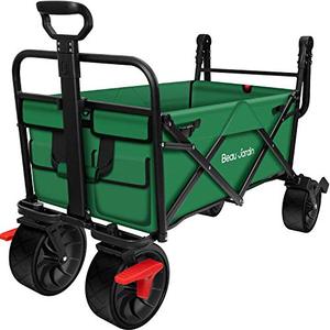lot 28840 image: BEAU JARDIN Folding Beach Wagon Cart with Brake Free Standing Collapsible Utility Camping Grocery Canvas Fabric Portable Rolling Buggies Outdoor Garden Sport HeavyDuty Shopping Cart Push, Green BG236
