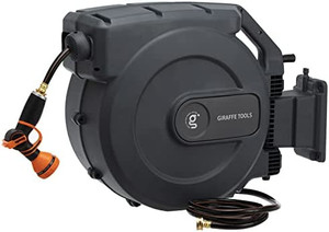 lot 28847 image: Giraffe Tools Retractable Garden Hose Reel 58 x 1155 ft, Heavy Duty Wall Mounted Water Hose Reel with Automatic Rewind, 180° Swivel Bracket, Slow Retraction Technik, 9 Pattern Nozzle