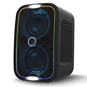 lot 28876 image: Brookstone Big Blue Go Party Speaker, Built-in Qi Charging, High Power Portable Bluetooth Sound System, Adjustable LED Lights, High-Res Audio, Intense Bass, IPX5, Tap-To-Link, Lightweight, Black