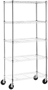 lot 28878 image: Amazon Basics 5-Shelf Adjustable, Heavy Duty Storage Shelving Unit on 4 Wheel Casters, Metal Organizer Wire Rack, Chrome (30L x 14W x 64.75H)
