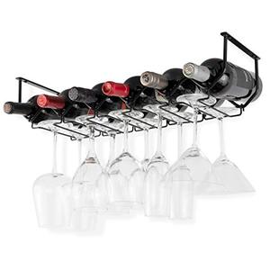 lot 29377 image: Wallniture Piccola Under Cabinet Wine Rack & Glasses Holder, Kitchen Organization with 6 Bottle Organizer Metal, Black