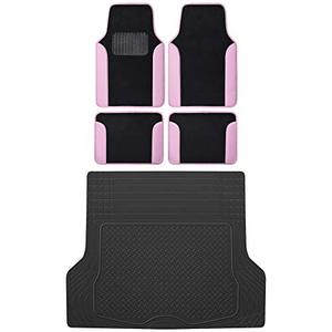 lot 30590 image: BDK MT-202 Vibrant Color Carpet Floor Mats, Two Tone Color Design with PU Leather Trim, Universal Front & Rear Combo Set with Trunk Cargo Mat Liner for Car Sedan SUV Van, Heavy Duty All Weather