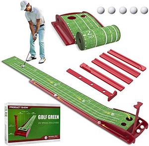 lot 30604 image: Wood Golf Petting Green Mat with Auto Ball Return System Mini Golf Game Practice Equipment and Golf Gifts for Men Home Office Backyard Indoor Outdoor Use (Indoor Golf)