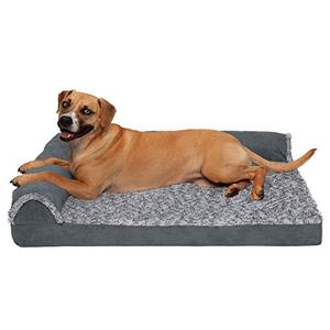 lot 30610 image: Furhaven Pet Bed for Dogs and Cats - Two-Tone Faux Fur and Suede L-Shaped Chaise Cooling Gel Foam Dog Bed, Removable Machine Washable Cover - Stone Gray, Large