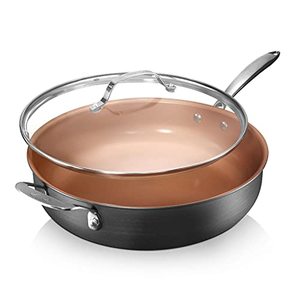 lot 30616 image: Gotham Steel Nonstick Saut Pan with Lid  5.5 Quart. Multipurpose Ceramic Jumbo Cooker Fry Pan with Glass Lid, Stay Cool Handle  Helper Handle, Oven, Stovetop & Dishwasher Safe, 100% PFOA Free