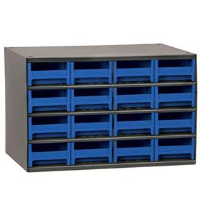 lot 10303 image: Akro-Mils 19416 Steel Parts Craft Storage Cabinet Hardware Organizer (17-Inch W x 11-Inch D x 11-Inch H), 16-Drawer, Gray CabinetBlue Drawers