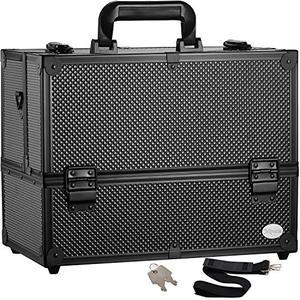 lot 20919 image: Makeup Train Case Professional Adjustable - 6 Trays Cosmetic Cases Makeup Storage Organizer Box with Lock and Compartments 14 Inch Large Black